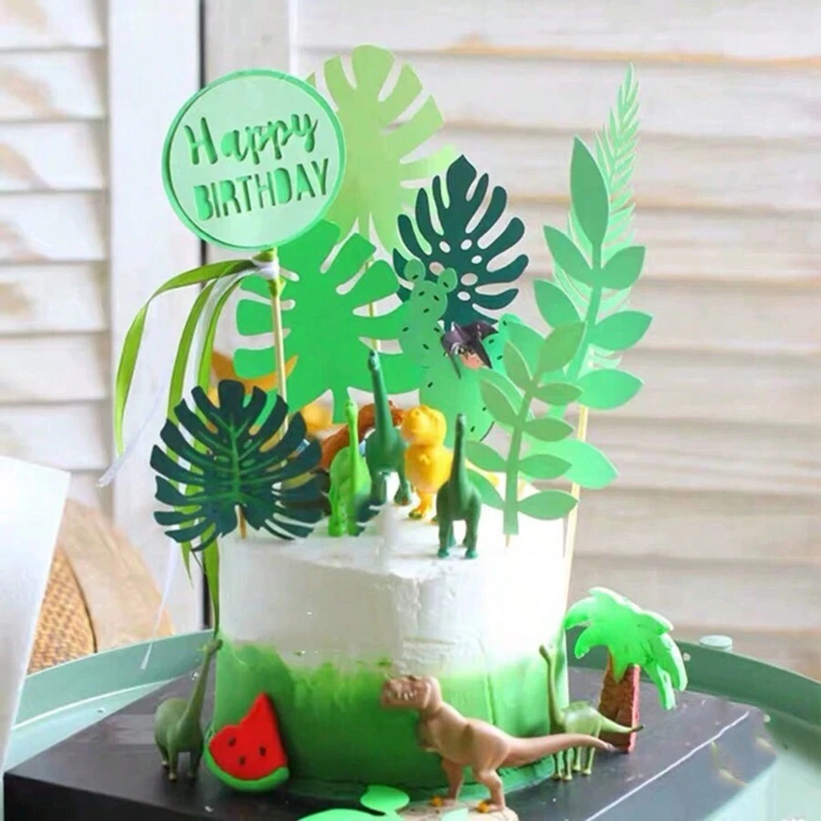 Turtle Leaf Cake Decor Picks, Tropical Rainforest Cactus Palm Tree Wooden Plate Sticks For Birthday Cake, Wedding Party Dessert Table, Summer Hawaiian Luau Theme Decoration