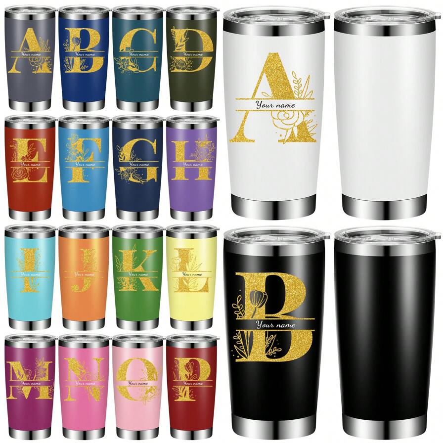 1 pièce, Tasse à eau en acier inoxydable personnalisée avec lettre de nom - Tasse à café personnalisable, Gourde fraîche de 20 oz, Cadeau d'anniversaire, Cadeau de réunion familiale, Cadeau de fête pour la famille, les amis, la mère, le père, l'enfant, avec couvercle et paille