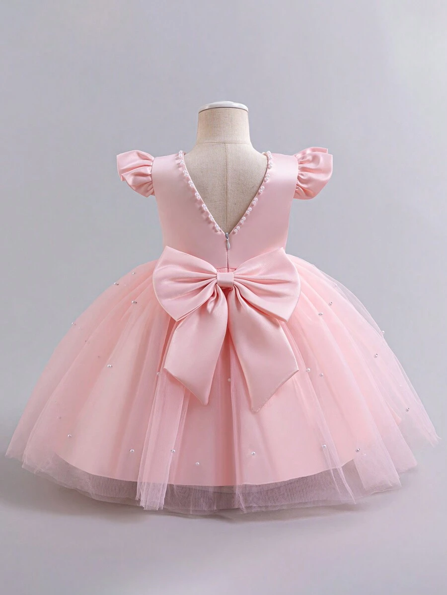 H HIBOBI Vestito da festa per bambina con maniche a cappuccio, inserti in rete, decorazione con strass e fiocco