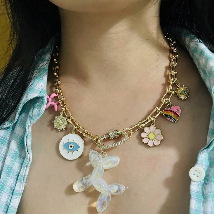Collar de joyería con colgante de formas variadas (flor, caballo, ojo malvado, perro grande, caramelo, arcoíris, oso, cerradura, té, leche, píldora) con conector de circonita cúbica con micro pavé, broche de tornillo chapado en oro de 18K, estilo bohemio, para mujer