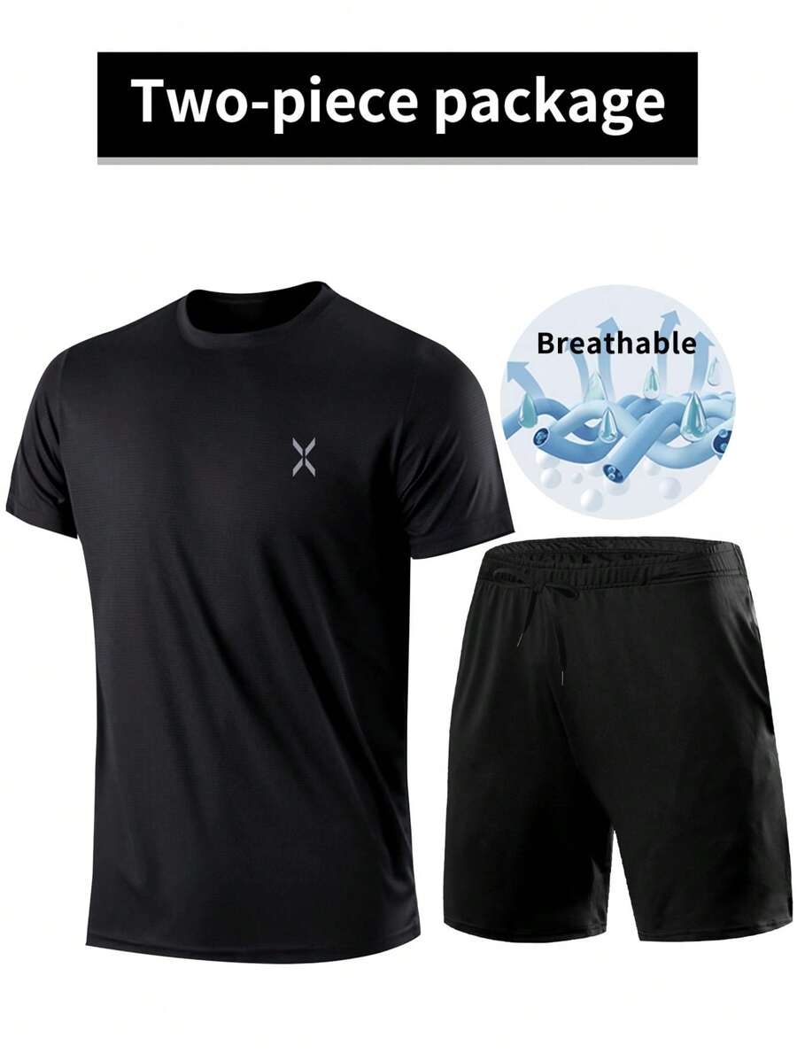 2 piezas Conjunto deportivo para hombre - Sudadera liviana con bolsillo y pantalones cortos con cordón para correr, baloncesto, fútbol, ejercicio