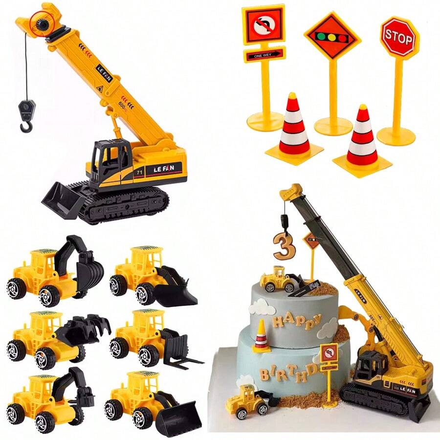 12 Pieces/Set Of Cake Decoration For Engineering Vehicles - Excavator, Bulldozer, Loader Cake Decoration For Boys' Birthday Parties,Christmas