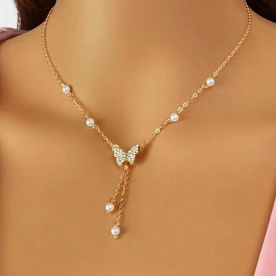 Femmes Chic Faux Perle Papillon Clavicule Chaîne, col Créatif, Bijoux de Fête de Mariage de Banquet