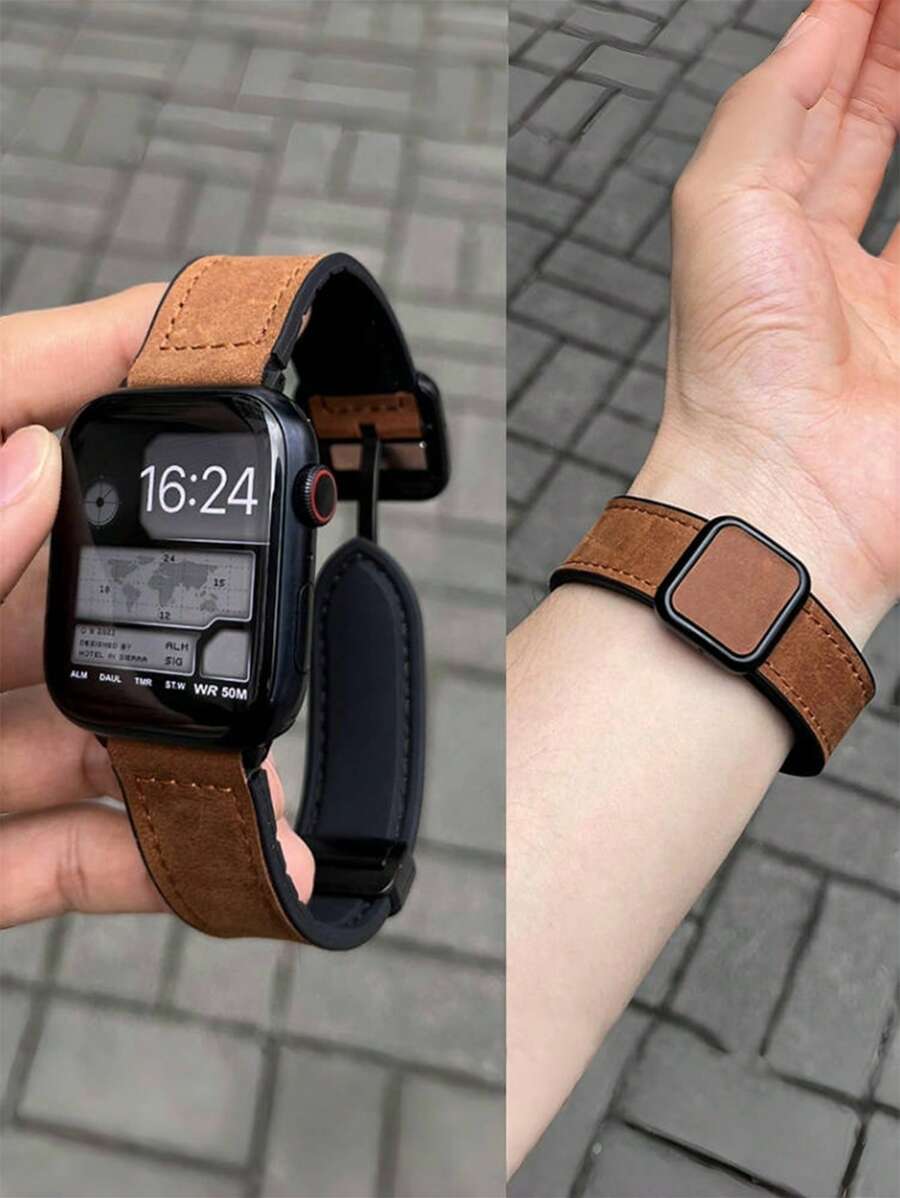 1 Stück Crazy Horse Retro Leder Magnetisches Uhrenarmband mit quadratischer Schnalle, kompatibel mit 38/40/41/42/44/45/46/49mm Ultra/Ultra2/SE/SE2/10/9/8/7/6/5/4/3/2/1, kompatibel mit Apple Watch als Geschenk für Studenten zur Rückkehr in die Schule