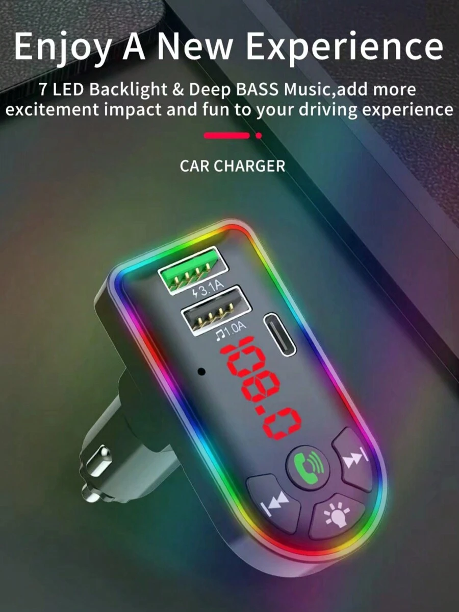 Lecteur MP3 de voiture Bluetooth F7, récepteur Bluetooth, chargeur de voiture avec double USB, éclairage d'ambiance