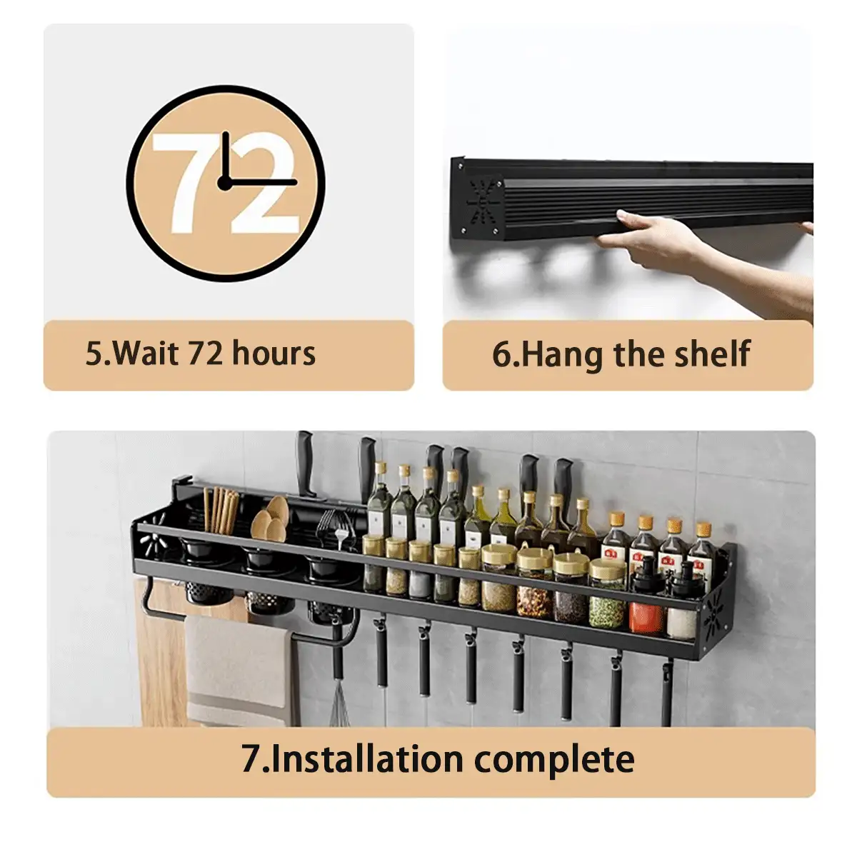 1pc Kitchen Wall-Mounted Spice Storage Rack With Hooks Hanging Tableware & Utensils Holder,There Are Two Types Of Installation: Perforated Fixing And Glue Fixing, Household Space Saving Storage Organizer For Kitchen, Bathroom, Home, Kitchen Accessories