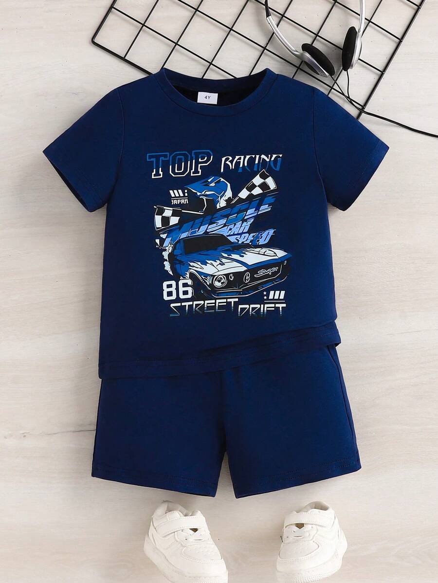 Bequemes Sommer Freizeitset Aus Kurzärmeligem T-shirt Und Shorts Mit Buchstaben- Und Rennwagendruck Für Jungen