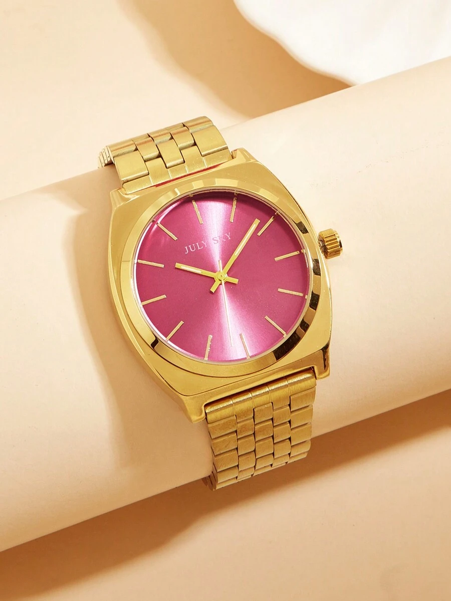 JULYSKY Une montre en acier inoxydable doré à la mode et simple avec un cadran rayé et un mouvement à quartz, convient comme cadeau de vacances