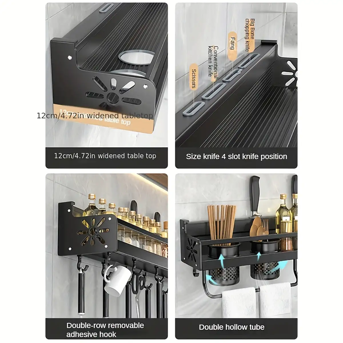 1pc Kitchen Wall-Mounted Spice Storage Rack With Hooks Hanging Tableware & Utensils Holder,There Are Two Types Of Installation: Perforated Fixing And Glue Fixing, Household Space Saving Storage Organizer For Kitchen, Bathroom, Home, Kitchen Accessories