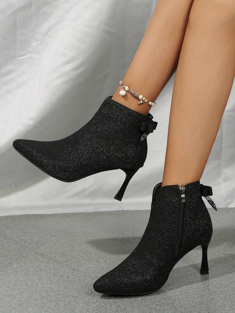 Botines de tacón alto con purpurina para mujer, puntiagudos, botines cortos para trabajo formal, ocasión, fiesta, cita nocturna, tacones de stiletto elegantes con decoración de lazo, adecuados para discoteca, fiesta