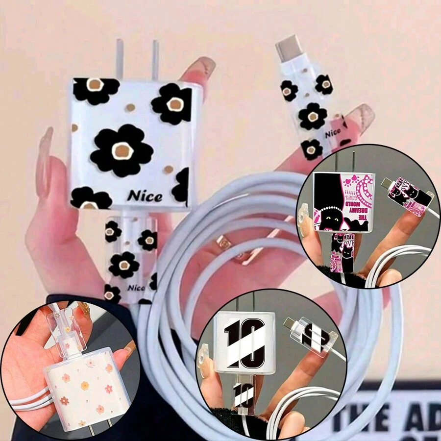 3 Stücke/Set Apfel/Katzenstil Datenkabel Kopfschutzabdeckung verhindern Kratzer kompatibel mit iPhone Ladegerät Schutzhülse