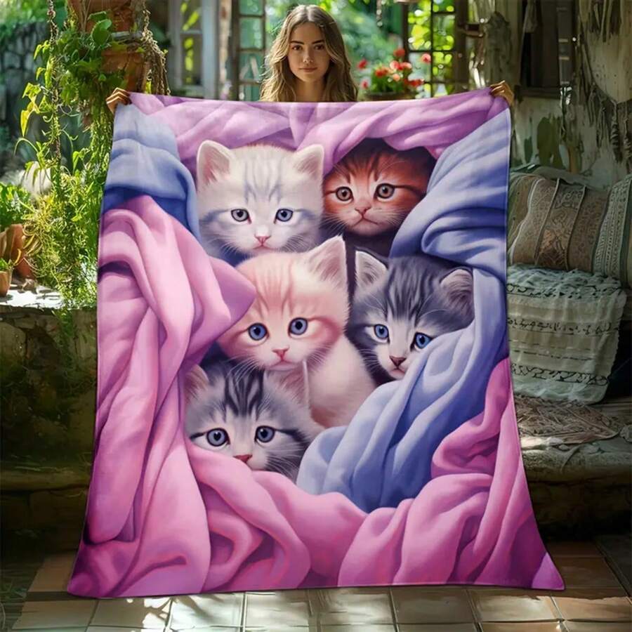 1 pièce Chaton mignon et confortable couverture de flanelle légère imprimée en microfibre pour canapé, lit, voyage, camping et salon. Cette couverture de flanelle est douce et chaude, un cadeau parfait pour la famille et les amis.