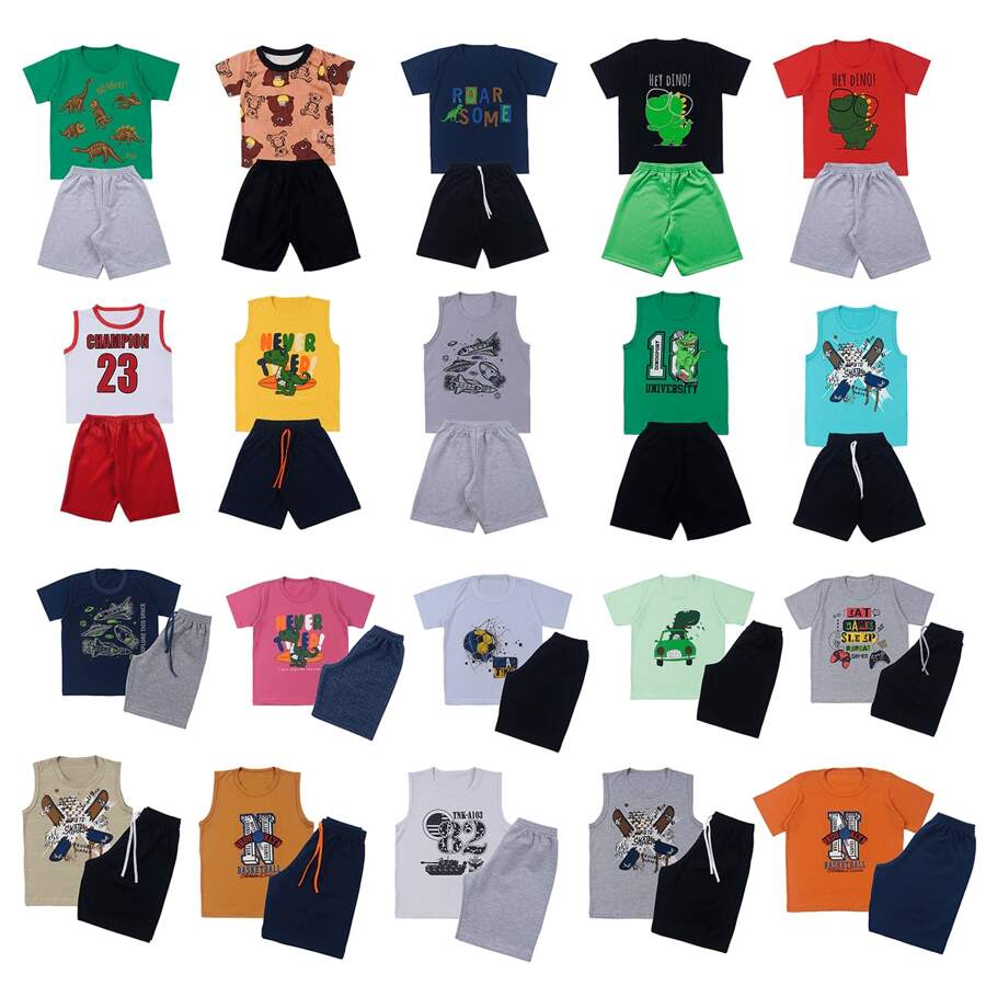 Kit 10 Peças de Roupas Masculino Infantil Menino 5 Conjuntos Verão Bermuda, Camisa ou Regata de Malha, Tecido, Estampado