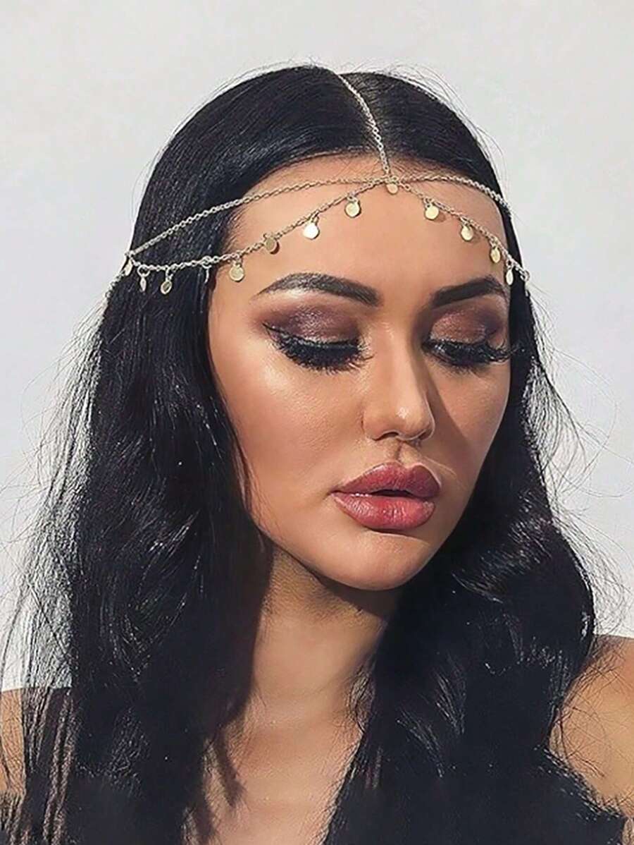 1 pieza Cadena para el cabello minimalista bohemia, cadena para el cabello con monedas de oro, tocado nupcial, accesorios para el cabello de mujer para vacaciones, apto para uso diario y Halloween