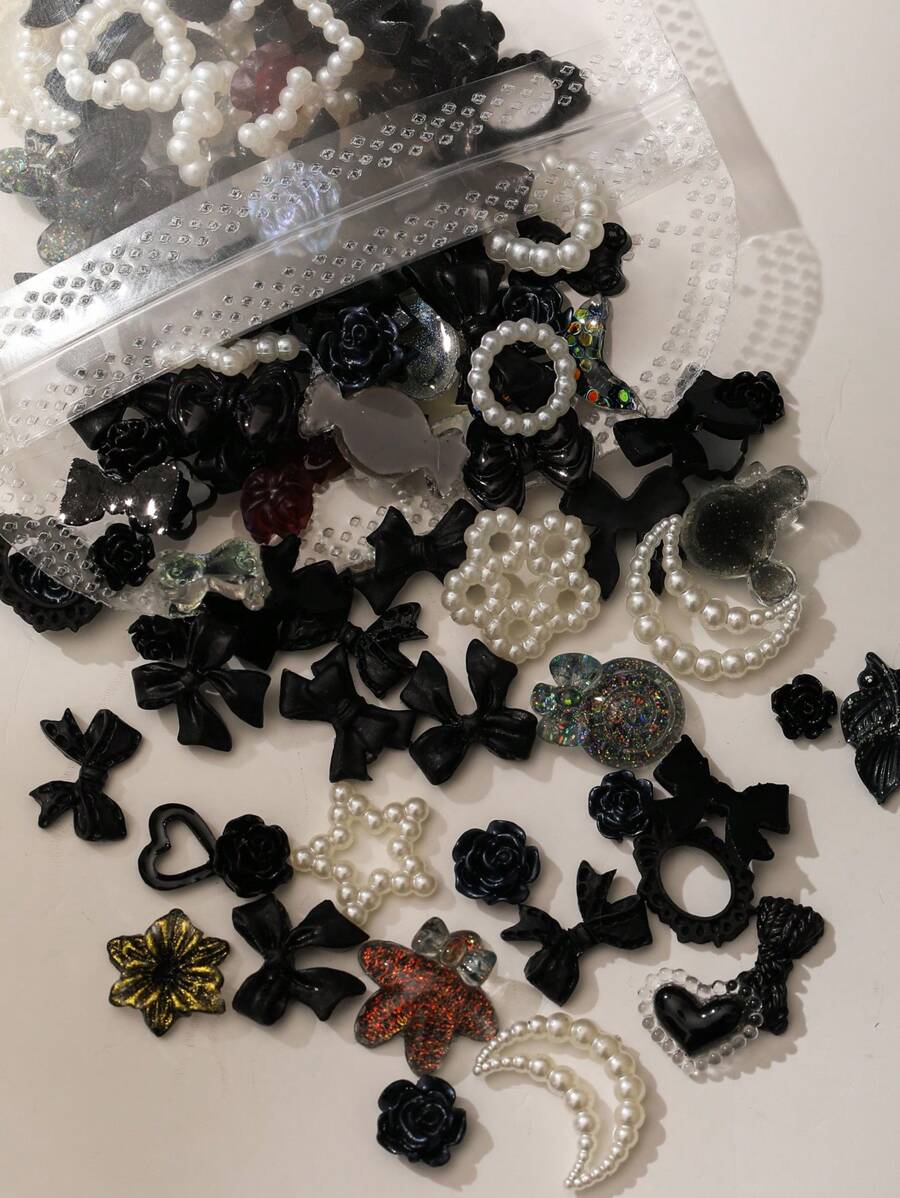 100pcs Y2K Hypoallergenic Pearl Mixed Design Nail Rhinestones 3D Acrylic Butterfly Heart Flower Multi-Model Rhinestone Nail Art Decoration Pendant Kawaii Accessories Pink Black And White Bow Tie Heart Shaped Nail Art Parts Various Shapes For Luxury Nail Art, Crafts And Jewelry Accessories Rhinestone Ornaments DIY Accessories Nail Supplies Nail Charms Nail Gems