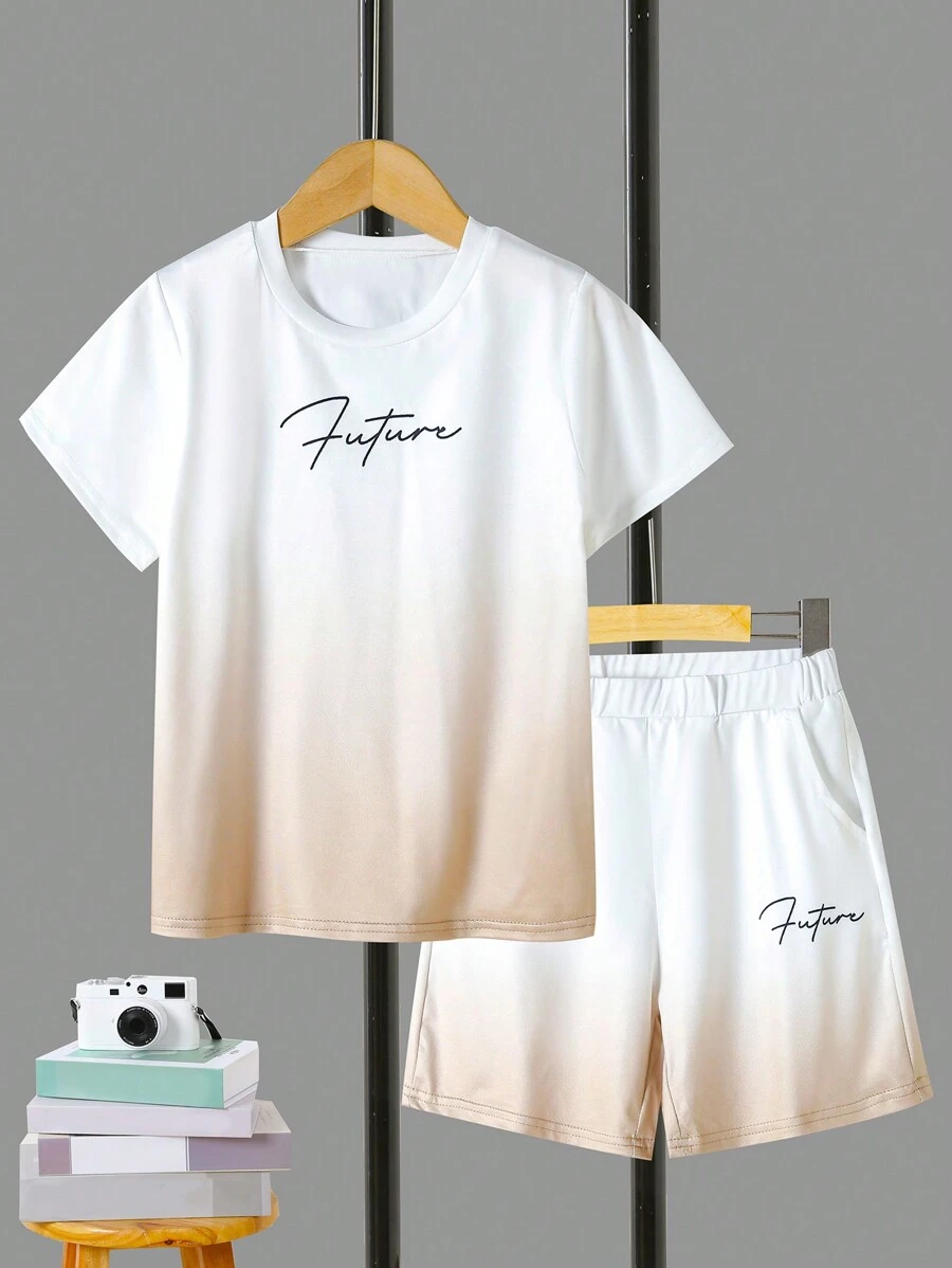 2pcs/Set Tween Boys Casual Gradient Design Letter Graphic Short Sleeve T-Shirt And Matching Shorts Set, Spring/Summer