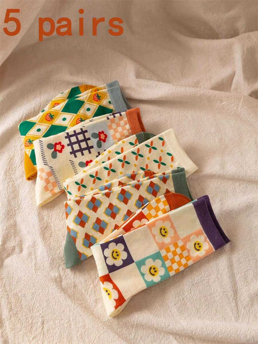 5 Pares de calcetines para mujeres con estampado de flores multicolores y de fresas, calcetines de moda absorbentes de la humedad que combinan con calcetas tubulares para mujeres, adecuados para uso diario