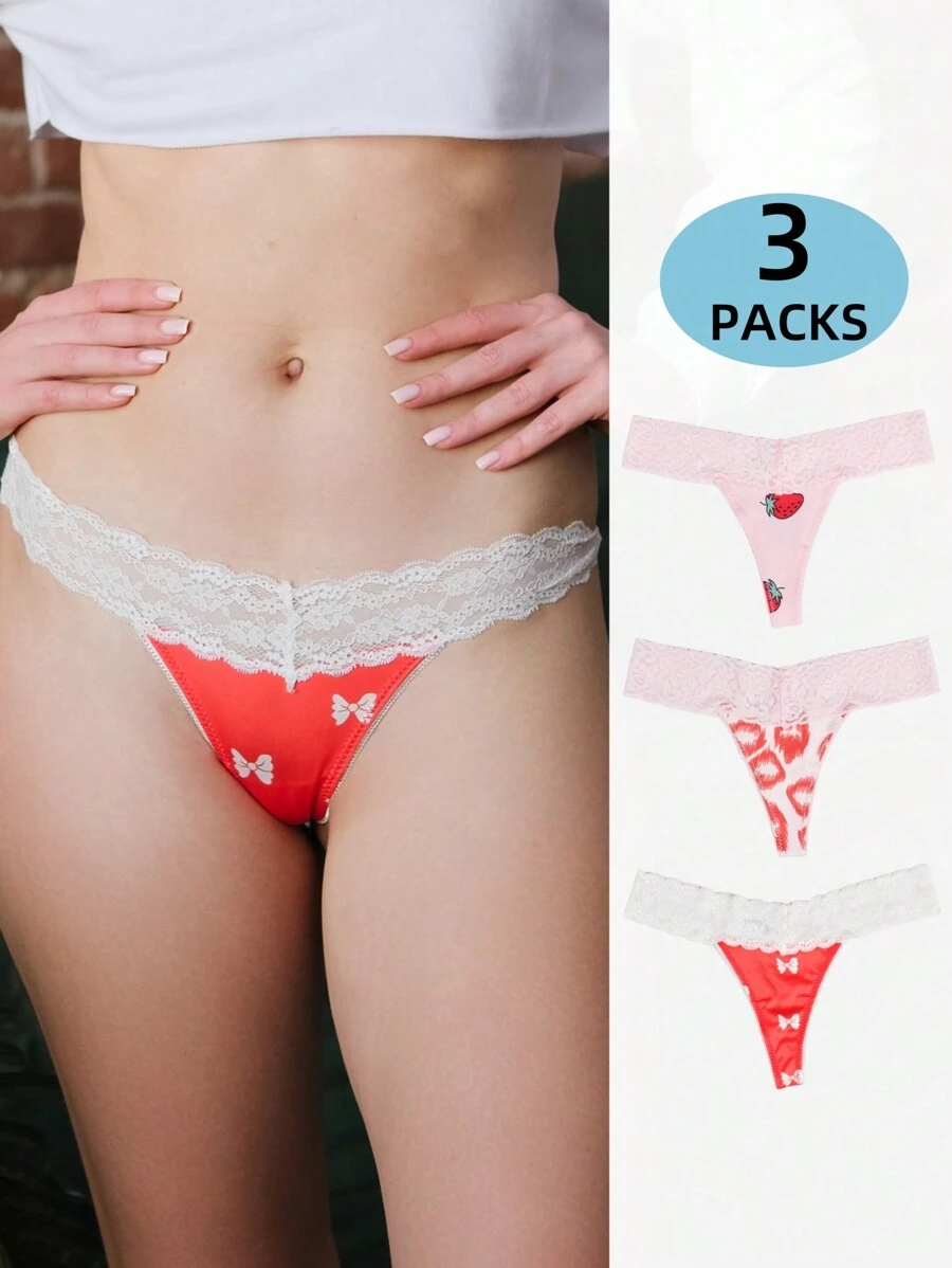 Morvia Morvia Women 3 Packs Contrast Lace Sexy Thongs Cute Fruit Print Multicolored Assortment Underwear