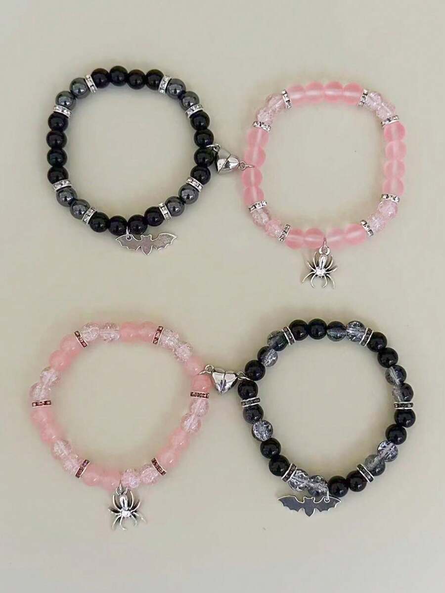 2 Pcs Of Spider + Bat Pendant Fashion All-Match Magnetic Attractive Pendant Beaded Elastic Adjustable Couple Bracelets