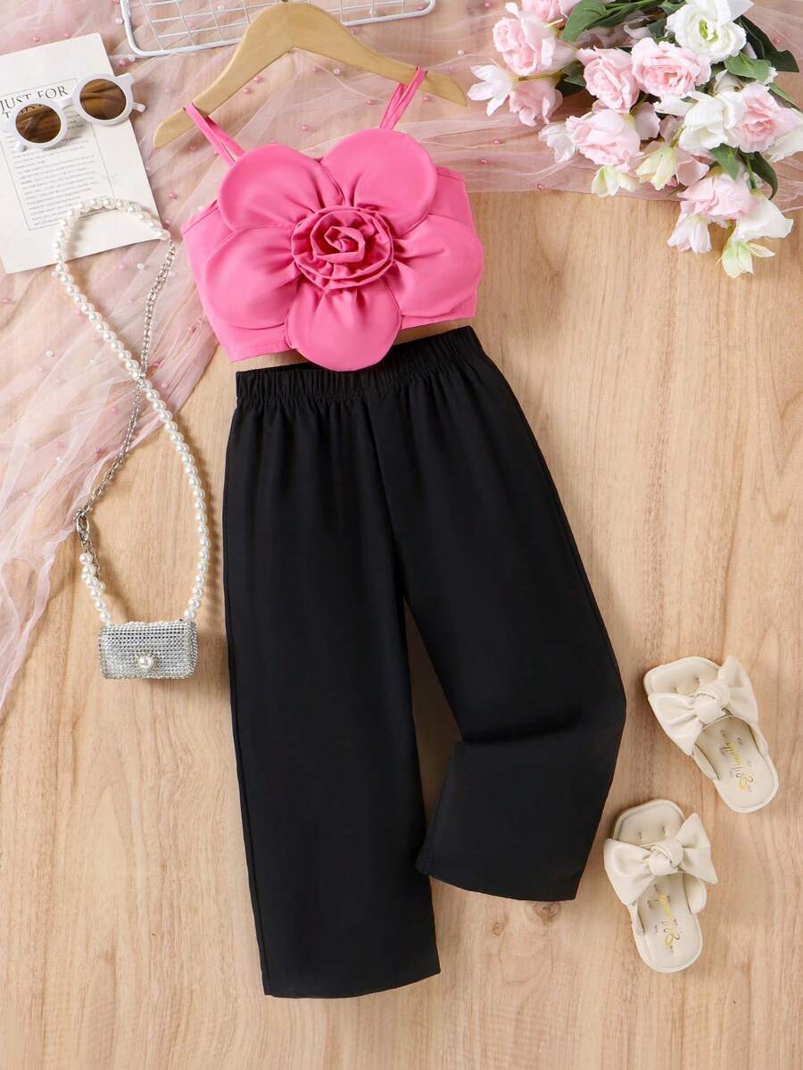 Conjunto de top de tirantes y pantalones a la moda con flores 3D para niñas jóvenes, 2 piezas para el verano