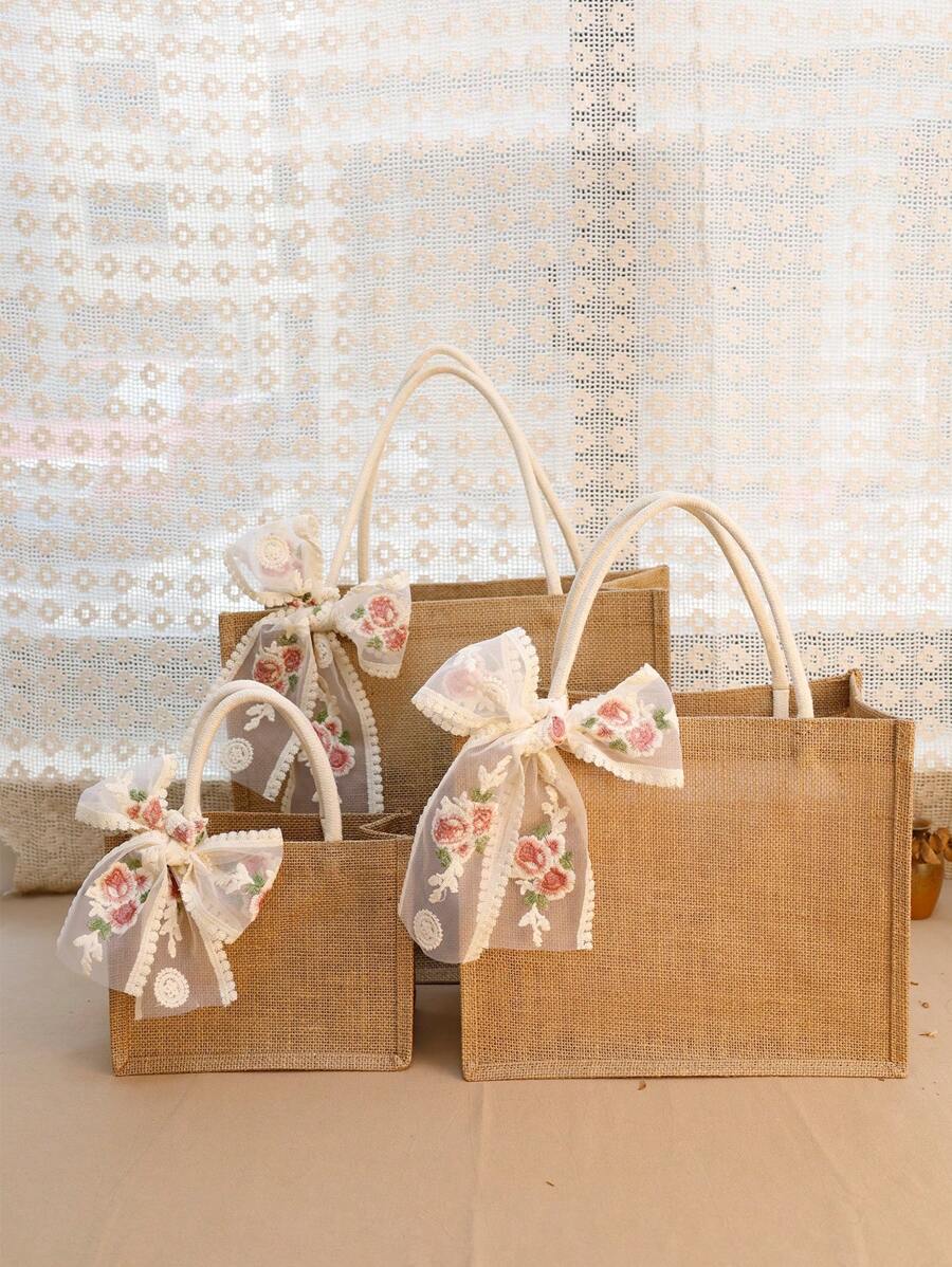 1pc Burlap Tote Bag With Lace Ribbon And Handle Shopping Bag,Beach Bag Holiday Gift For Loved Ones Jute Gift Handbags For Wedding ,Bridesmaid,Grocery Shopping,Women Brithday Party