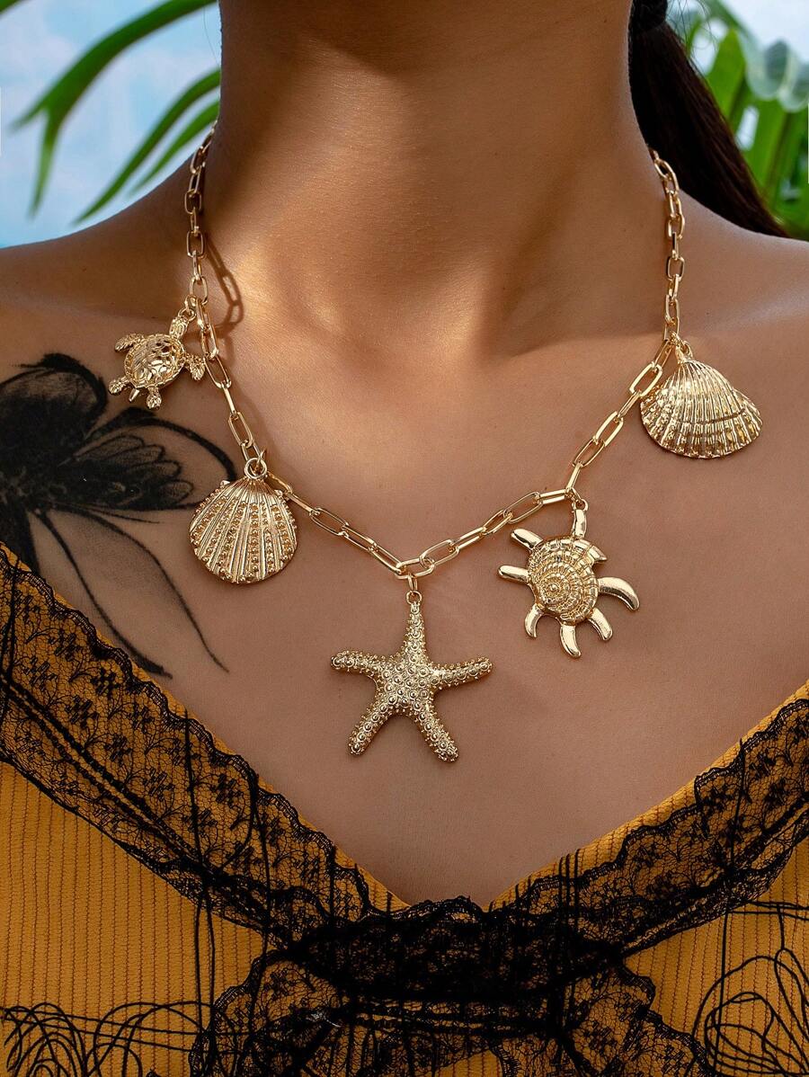 One Shell, Starfish, Seashell, And Turtle Pendant, European And American Ocean Vacation Style Women Necklace.