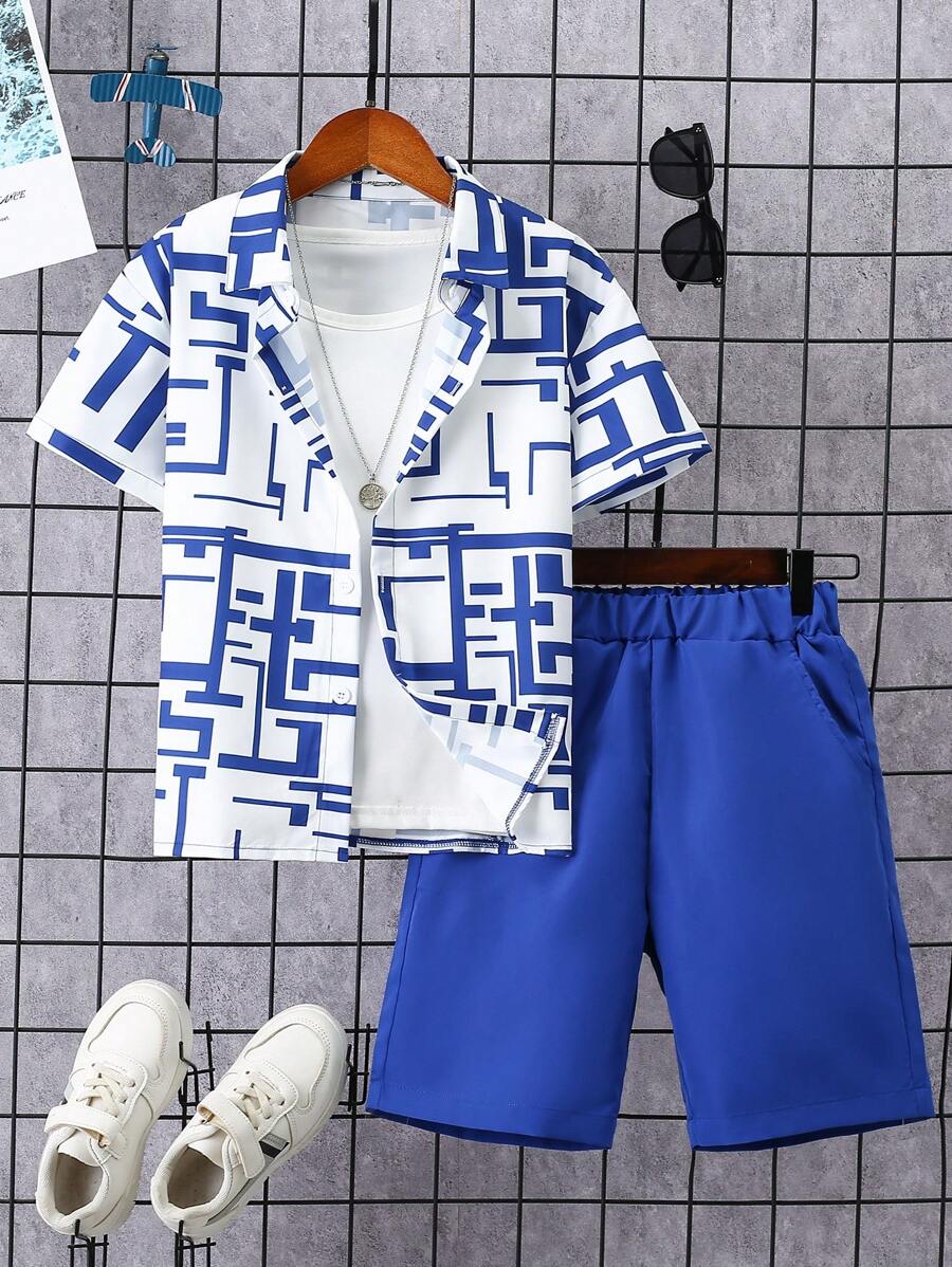 Conjunto de dos piezas para niño preadolescente con camisa informal a cuadros de manga corta y shorts para primavera y verano