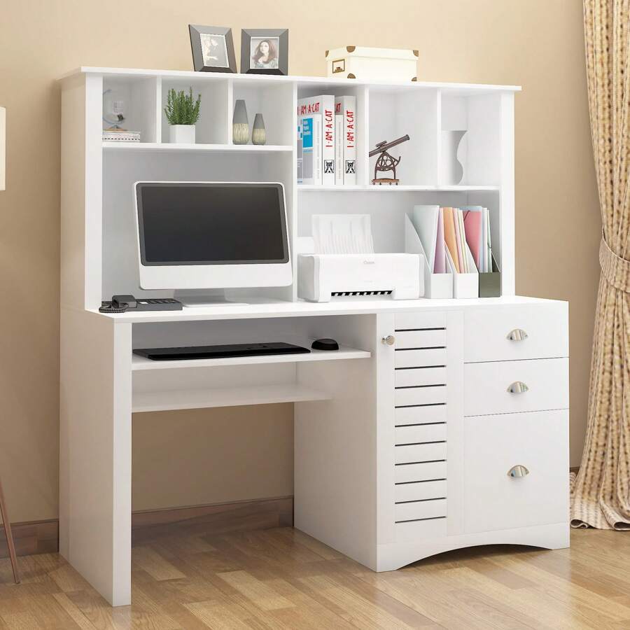 QQD 59 Inch Large Computer Desk With 2-Tier Bookshelf Keyboard Tray Home Office Desk Computer Desk With Hutch Study Workstation Writing Table For Home, Office