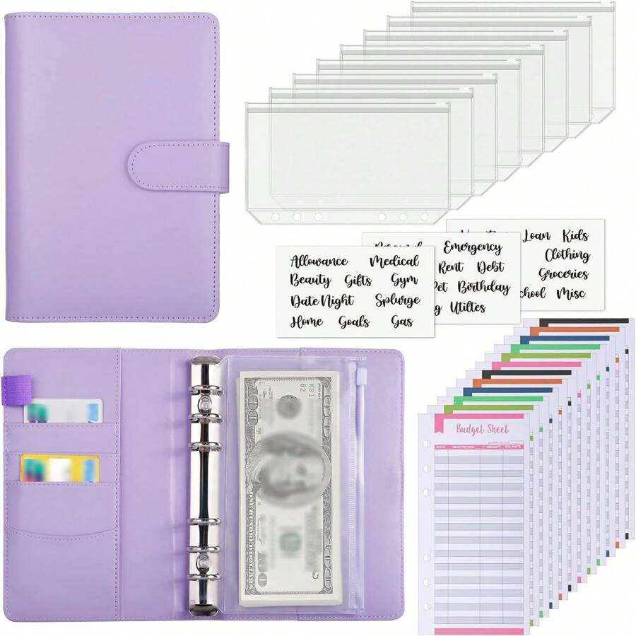 Ordner mit Reißverschluss und Geldtaschen für Ausgabenblätter zur Budgetierung und Geldsparen, Budgetplaner mit Geldtaschen, A6-Geldspar-Ordner für Geldspar-Herausforderung