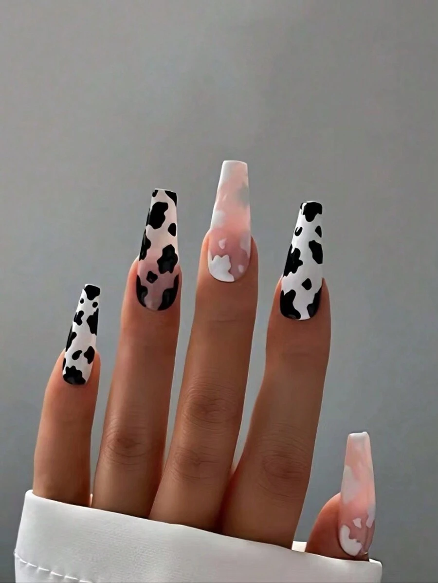 24pcs Minimalist Black And White Cow Themed Long French Ballet Style Nail Art Sticker + Jelly Rubber + Nail File Press On Nails Nail Supplies