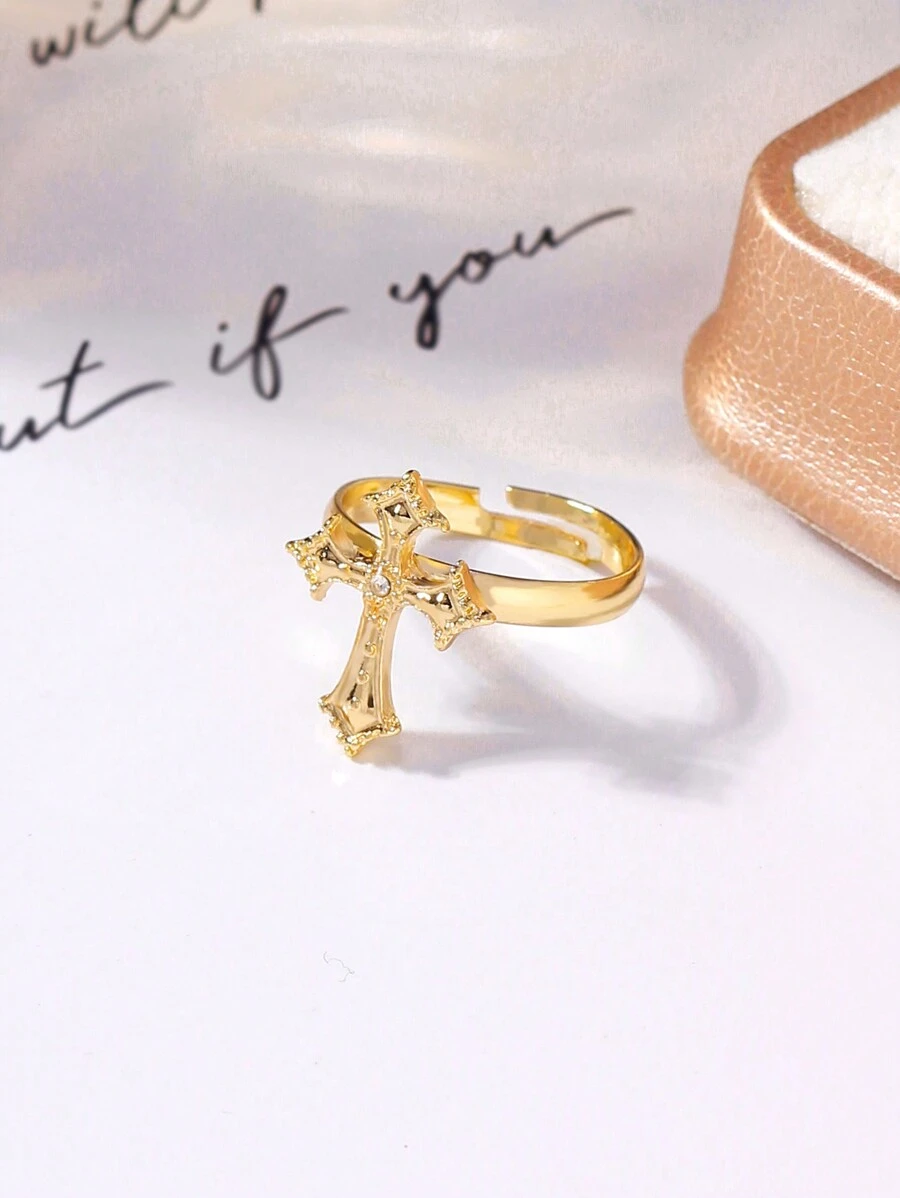 1pc Original Faith Cross-Shaped Ring With Metal Inlay And Rhinestone Opening Design