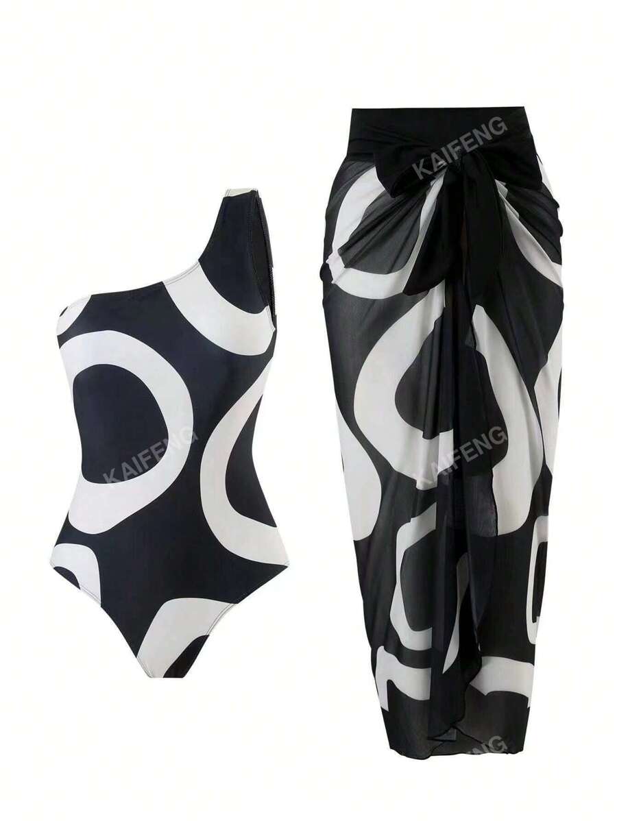 2 pièces Maillot de bain une pièce rétro taille haute femmes à imprimé bicolore, pour l'été