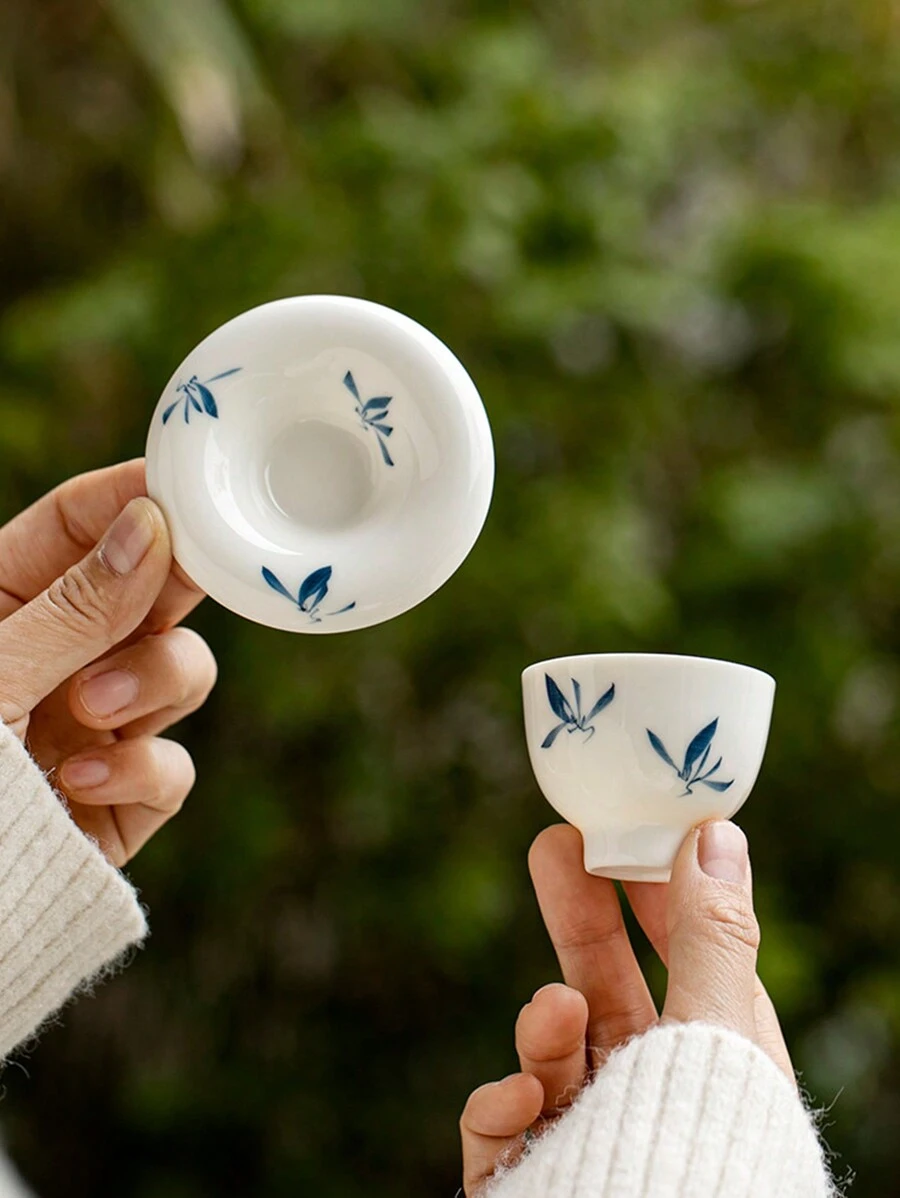 1pc Ceramic Tea Cup & Saucer Set, Mini Hand-Painted Butterfly Orchid Teacup With Coaster, Kungfu Tea Set, Single Cup Gift