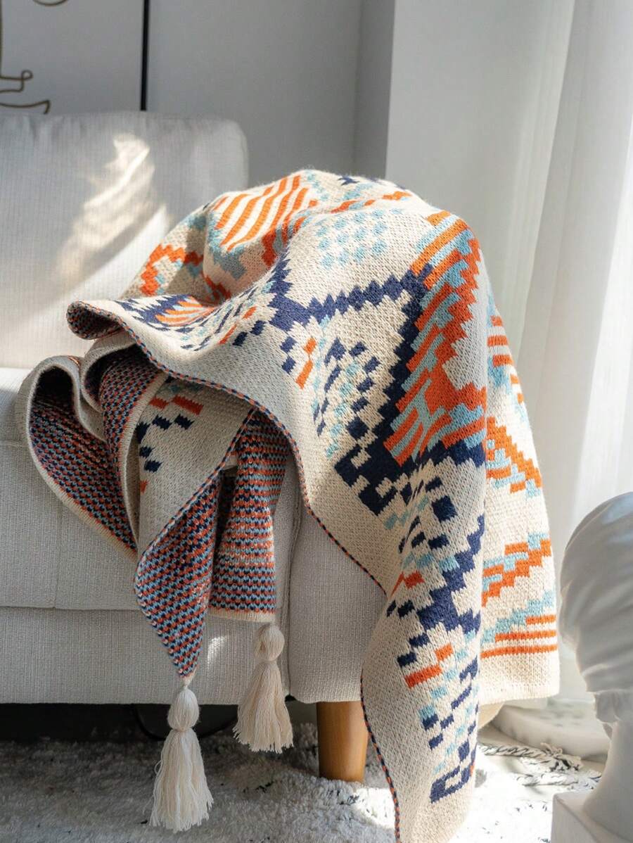 1pc Geometric Pattern Bed Blanket, Nordic Style Polyester Rectangle Knitted Bed Blanket Suitable For Home And Office Use, Daily Use