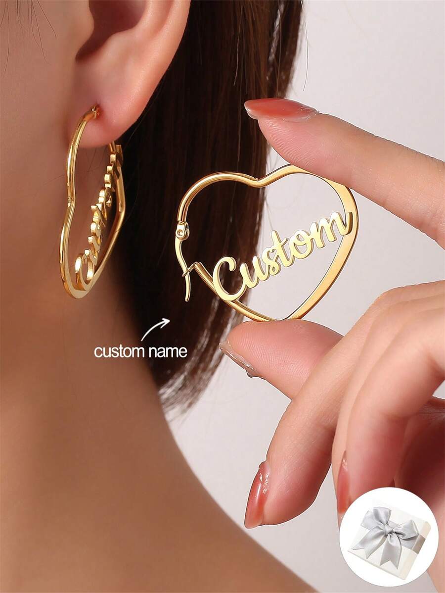 1 Paar personalisierte Namen & Herzförmige Edelstahl Ohrringe, romantische personalisierte Namen Creolen Ohrringe, Geschenke für Valentinstag, Mutter, Brautjungfern, Weihnachten, Abschluss, Jahrestag
