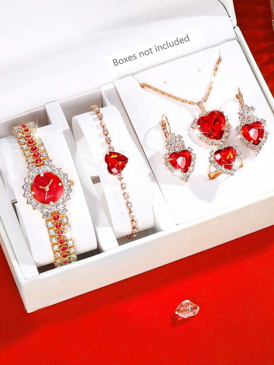 6Pcs/Set Ladies Watch Women's Fashionable Green Full Rhinestone Set Quartz Watch And Necklace Earings Bracelet Rings Set Accessory Set Suitable For Daily Wear, Back-To-School Season, Graduation Season, Thanksgiving, Couples, The Best Gifts
