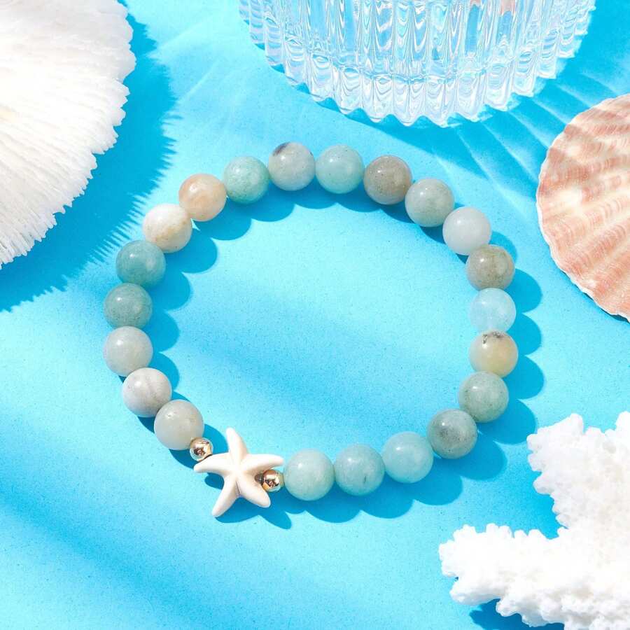 1 pièce Bracelet élastique perlé avec pierre et étoile de mer style océan, convient pour un port quotidien / à la plage / en cadeau. Bijou d'été. Diamètre intérieur : 2-3/8 pouces (6,1 yard). Cadeau idéal pour la petite amie / épouse / mère. Saint-Valentin / anniversaire / remise des diplômes / fête des mères