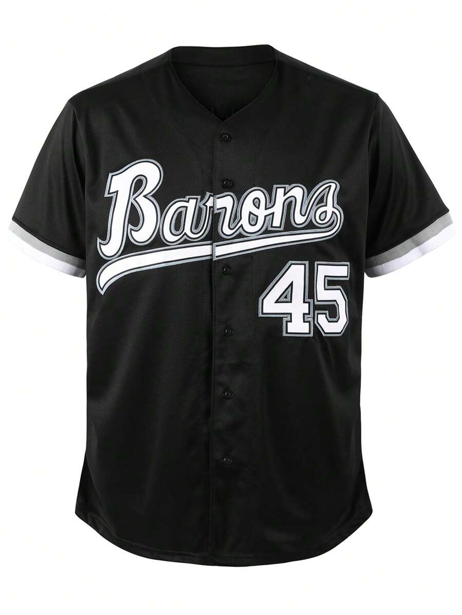 Stile da ragazzo, maglietta 45 nera da baseball per uomo, casual a maniche corte, con ricamo e cucitura, scollo a V, con bottoni, adatta per feste e sport