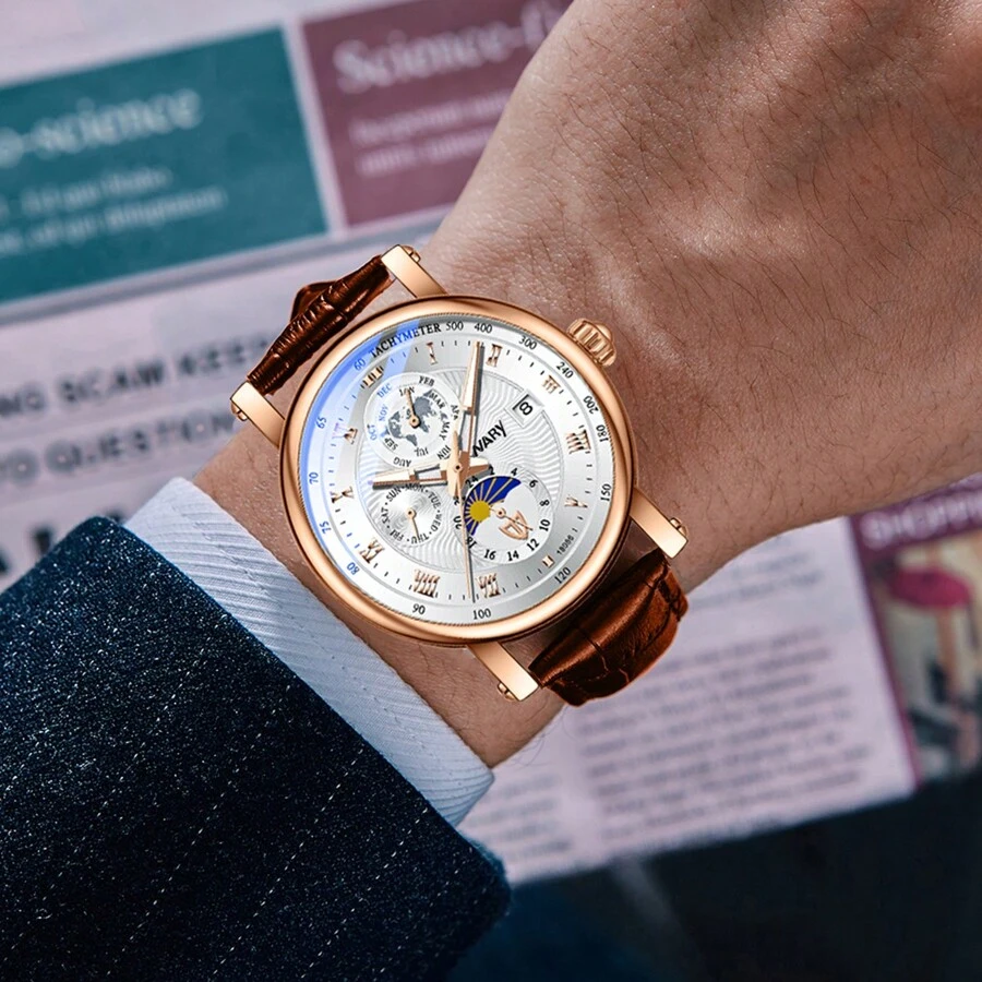 NARY A Luxurious Waterproof Men's Automatic Mechanical Watch With Calendar And Moon Phases, Featuring A Leather Strap And Suitable For Business Meetings, Daily Wear And Decoration.