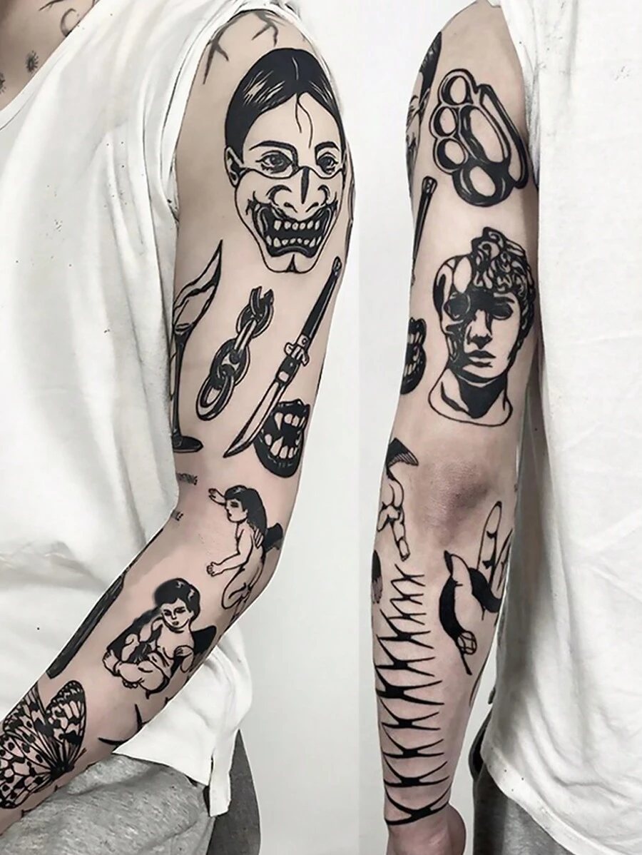 1 set de 11 pegatinas de tatuaje temporal de hombro y brazo con diseño floral de espinas en negro, de larga duración y resistente al agua, para uso de 1 a 5 días, diseños de tatuaje old school para hombres
