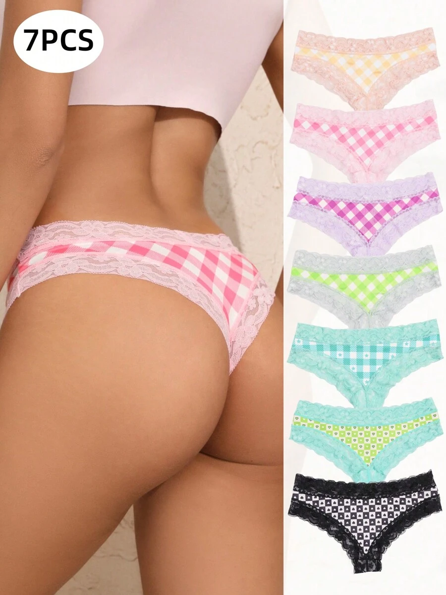Morvia 7pcs Women Lace Trims Panties Set, Comfy & Cute Low Waist Hipsters Panties, Allover Plaid Print Multicolor Assorted, Women's Sexy Lingerie Underwear, 7 Packs