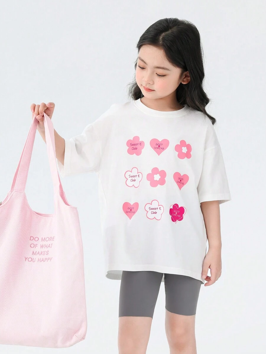 zosee Camiseta de Manga Curta para Meninas com Estampa de Coração e Flores, Branca, Roupas de Verão 2024 para Meninas, Camiseta de Meia Manga para Meninas