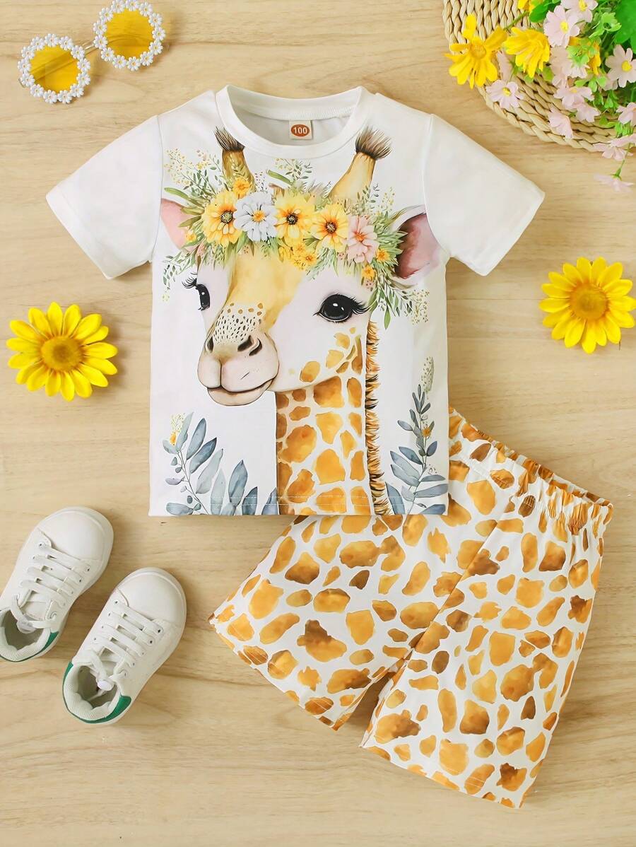 2pcs Young Girls' Casual Style 3D Deer Print Short Sleeve T-Shirt And Shorts Set For Summer