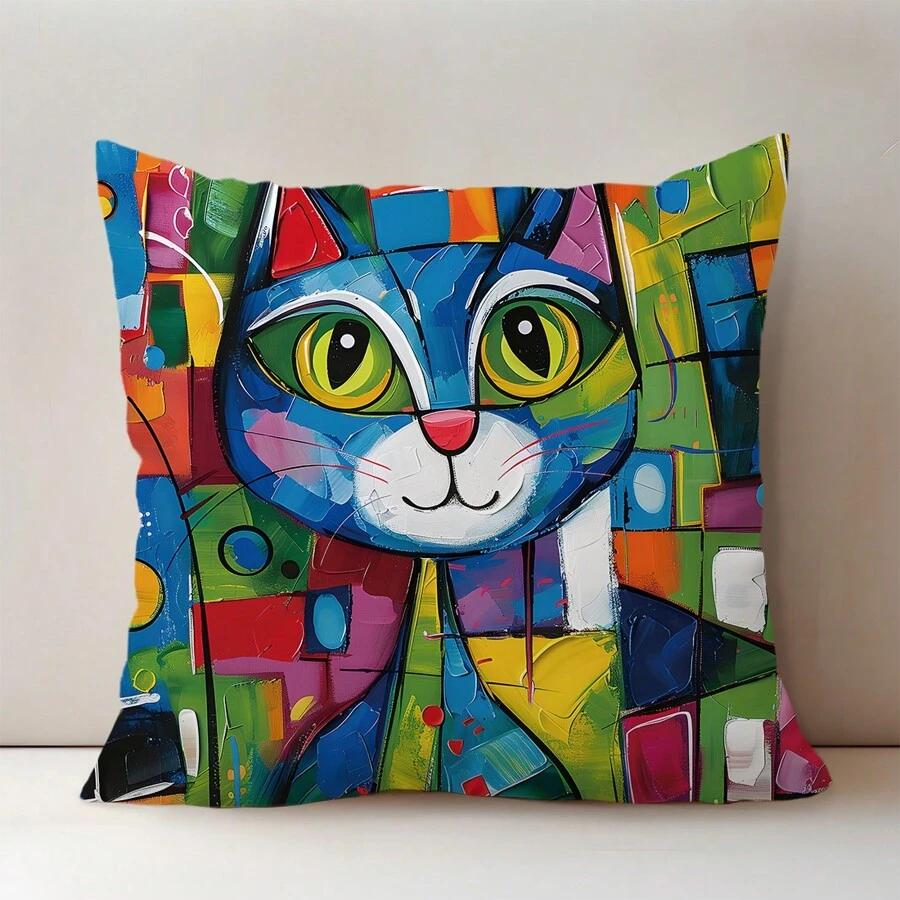 1 housse de coussin mignonne d'oreiller avec chat abstrait en aquarelle et texture en peau de pêche imprimée double face,double face,texturée en peau de pêche,45*45CM/18*18 pouces, pour coussin d'intérieur de canapé moderne, décoration de fête