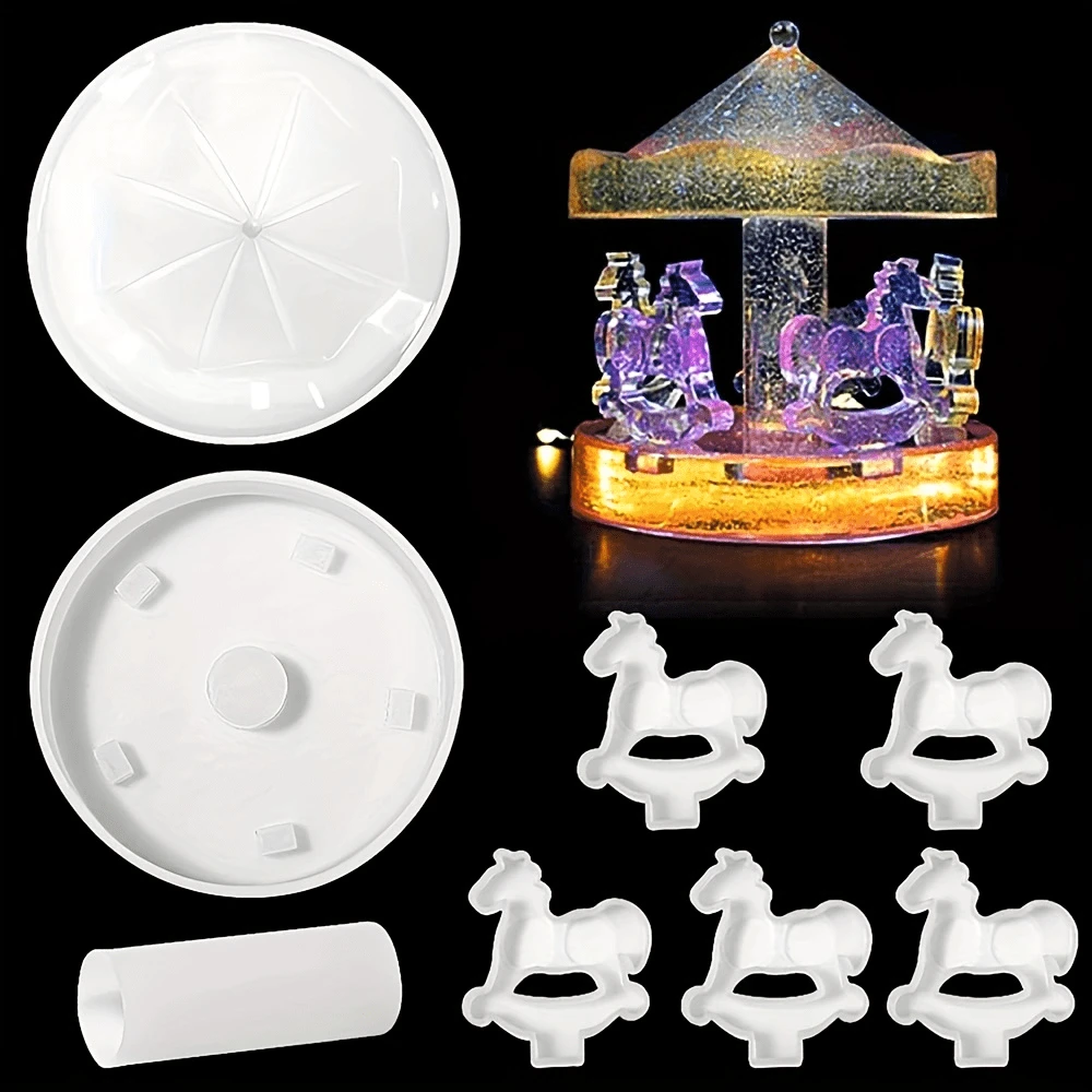 1 set Moule en résine époxy de décoration de carrousel en cristal, moule de moulage de cheval de carrousel, kits DIY, moules en silicone pour résine époxy, décorations de manège pour la décoration de la maison