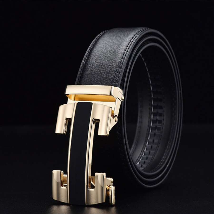 1pc Men Belt Fashionable All-Match Black Belt Leisure Business Automatic Buckle Golden Belt Gift For Boyfriend/Elders/Daily Life Summer, School