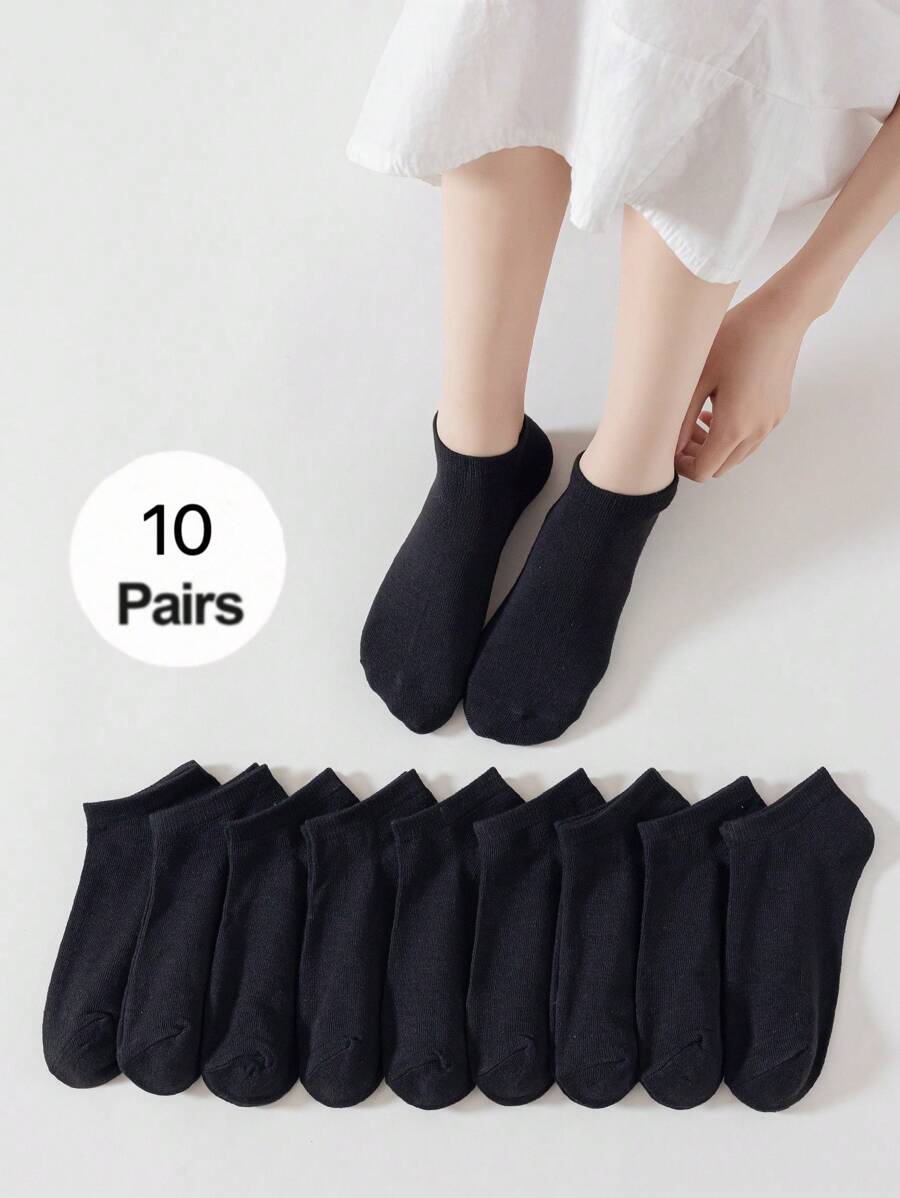 10 paia Calzino caviglia nero piatto design basic traspirante antiscivolo alla moda da donna