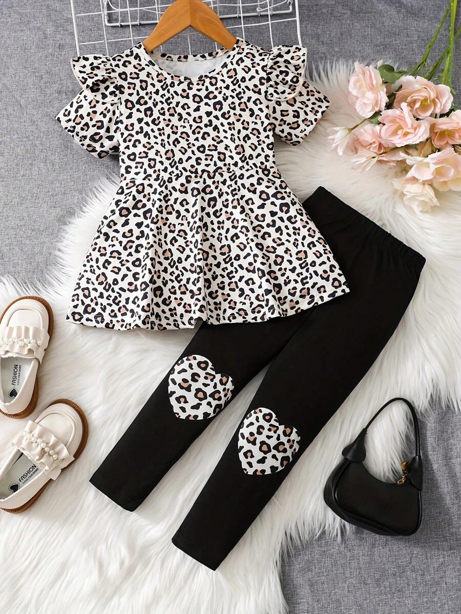 Giovane ragazza primavera/estate top casual a maniche corte con stampa leopardo e leggings