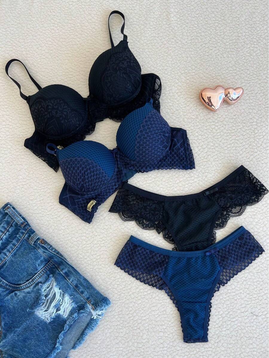Kit 2 Conjunto De Lingerie Alexia Sexy Com Renda Com Bojo Com Laço