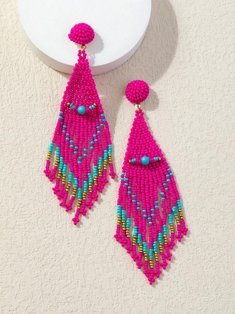 1 Par de Brincos Tassel de Contas de Arroz Trançados à Mão em Estilo Boho